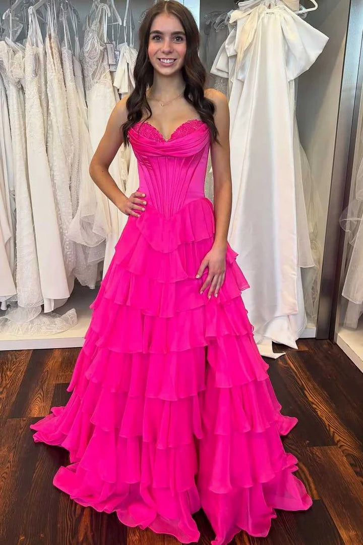 Lumidress Lavender Strapless Ruffled Layered A-Line Evening Gown with Slit