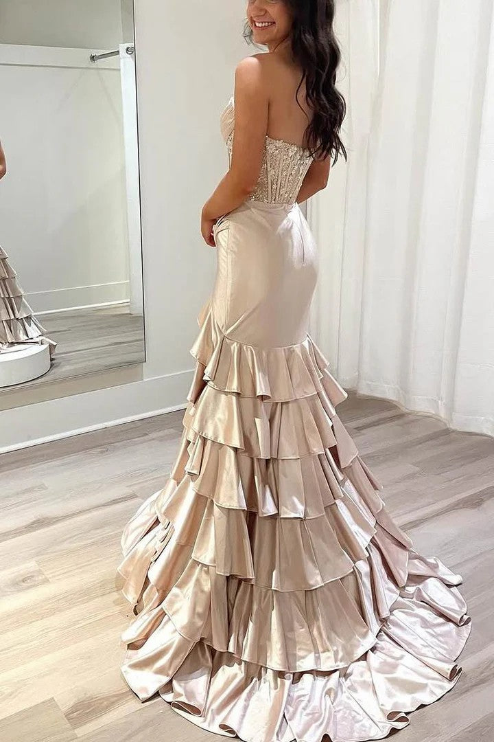 Lumidress Pink Strapless Ruffled Satin Evening Gown with Corset Bodice and Slit