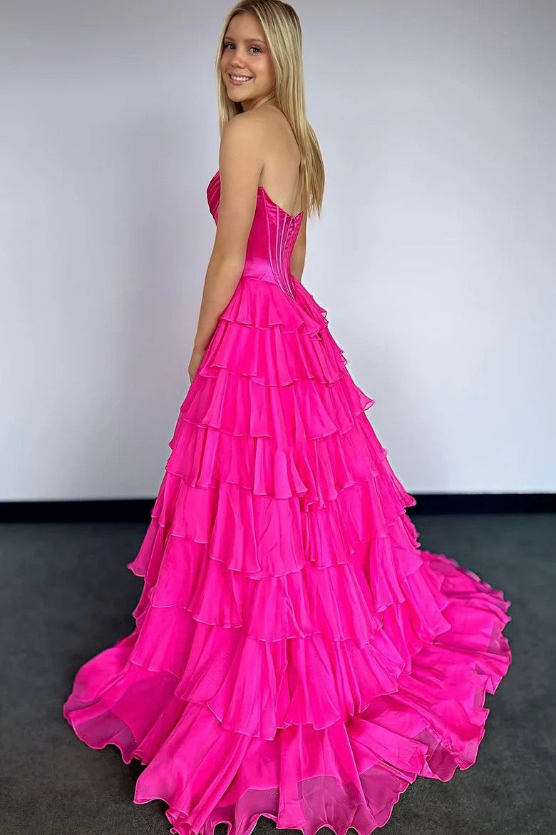 Lumidress Lavender Strapless Ruffled Layered A-Line Evening Gown with Slit