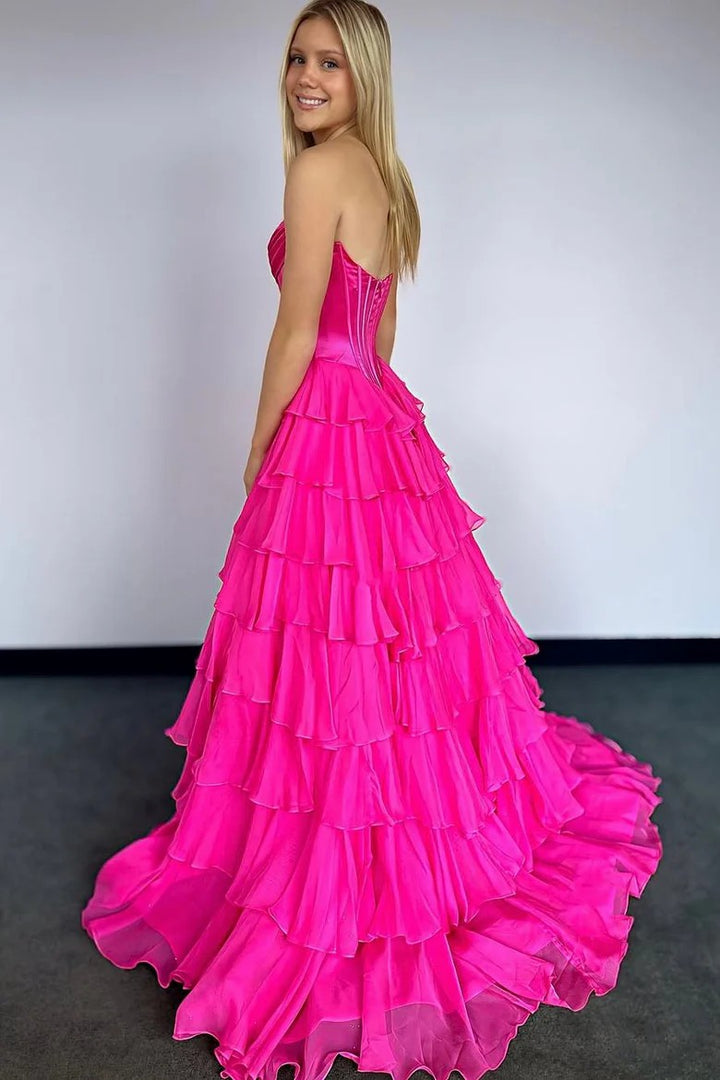 Lumidress Lavender Strapless Ruffled Layered A-Line Evening Gown with Slit