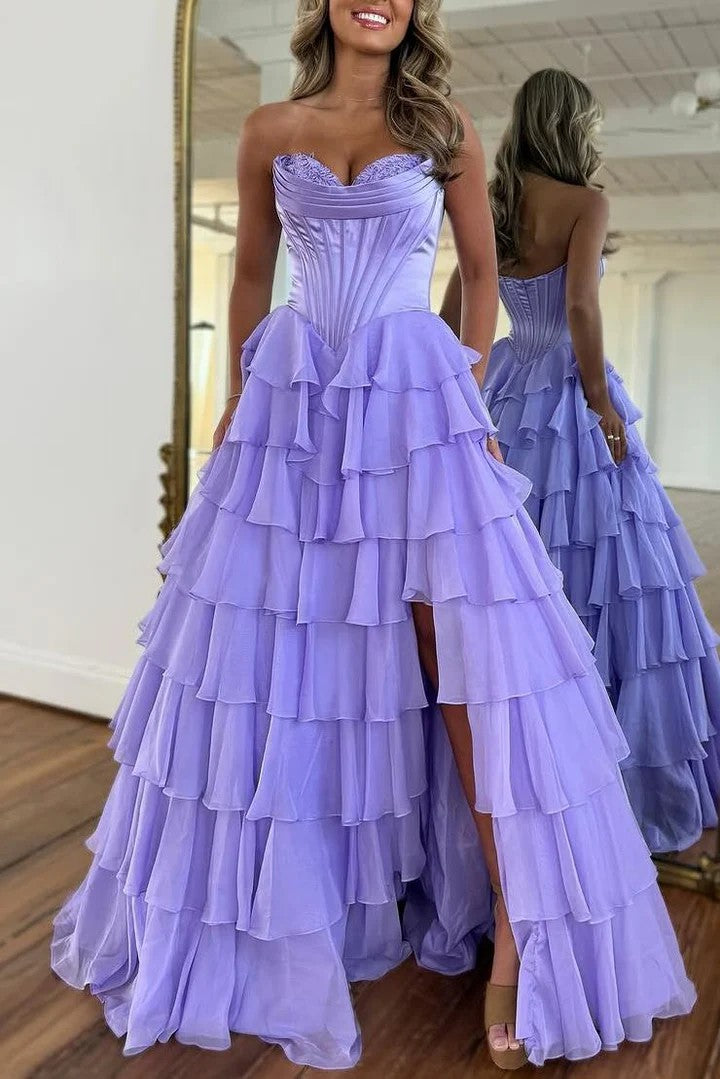 Lumidress Lavender Strapless Ruffled Layered A-Line Evening Gown with Slit