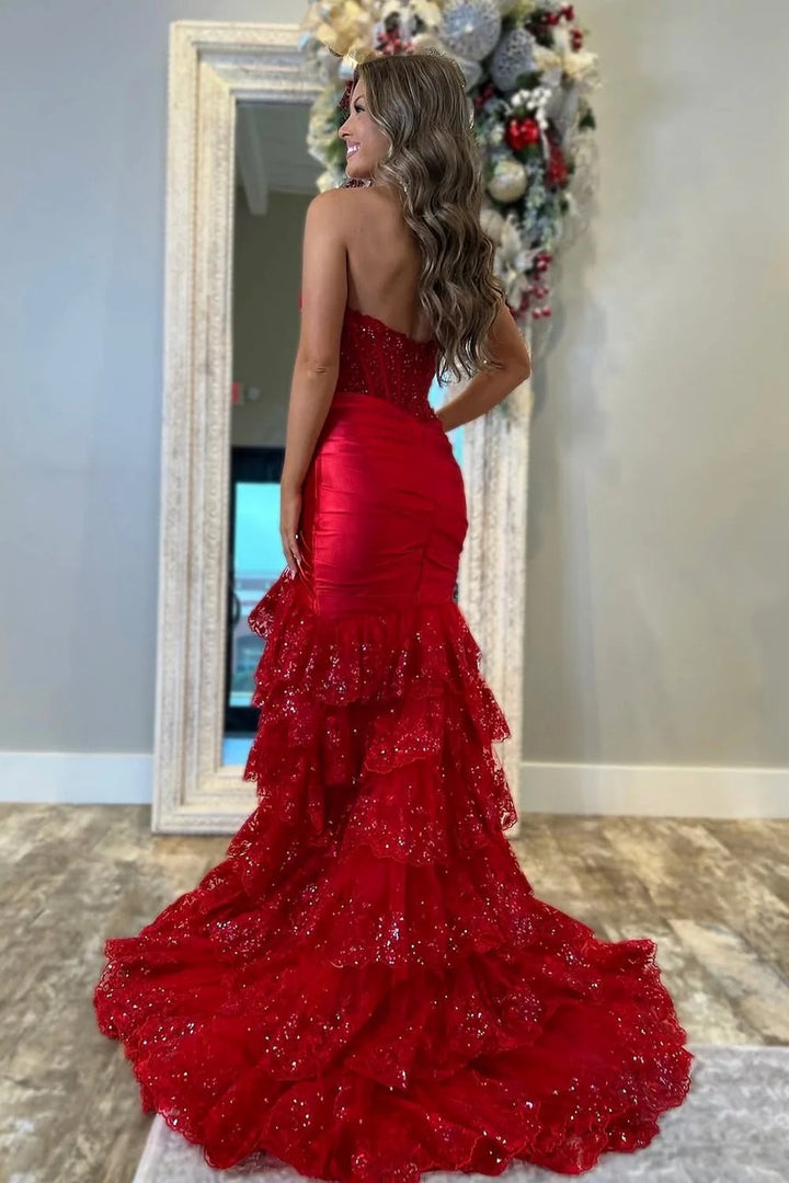 Lumidress Red Sweetheart Mermaid Evening Gown with Tiered Lace Train