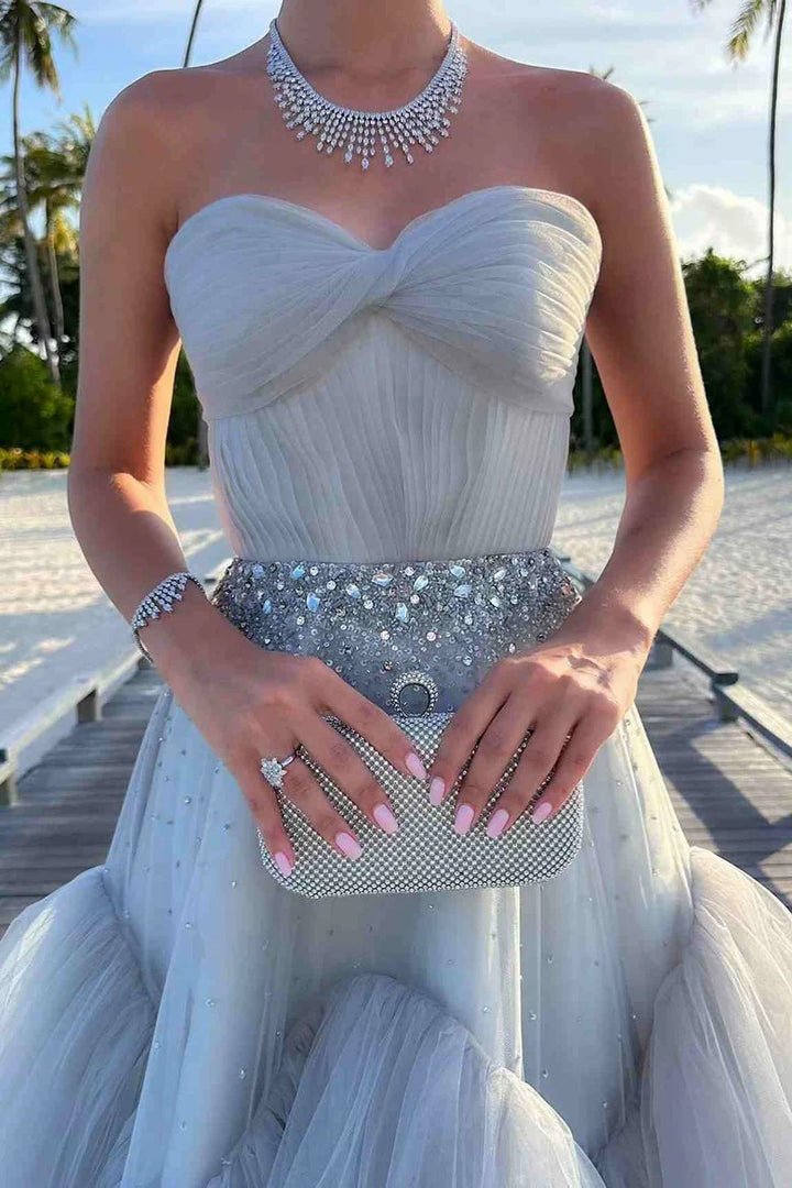 Lumidress Strapless A-Line Layered Tulle Prom Dress with Beaded Bodice
