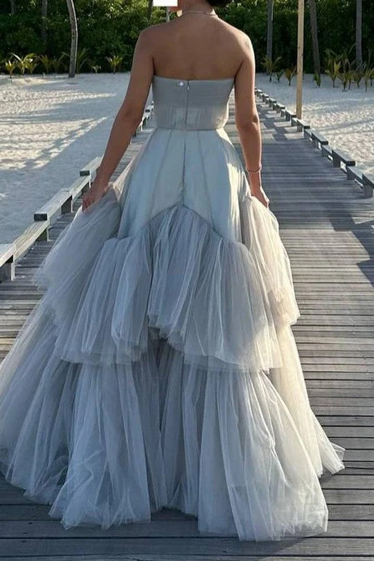 Lumidress Strapless A-Line Layered Tulle Prom Dress with Beaded Bodice