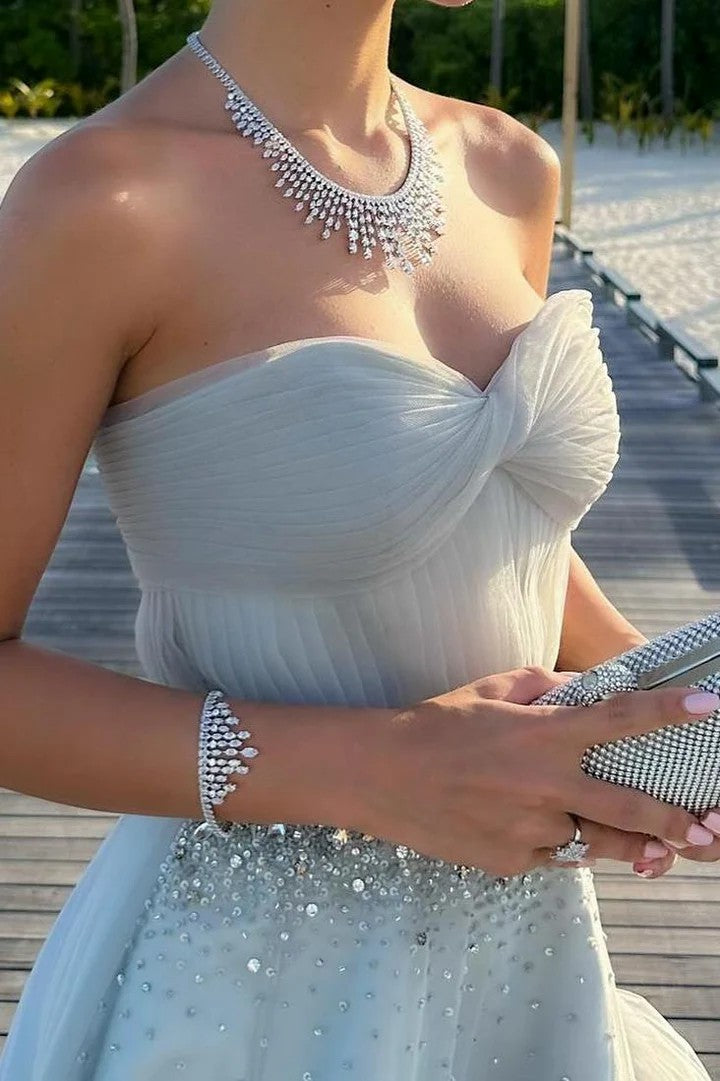 Lumidress Strapless A-Line Layered Tulle Prom Dress with Beaded Bodice