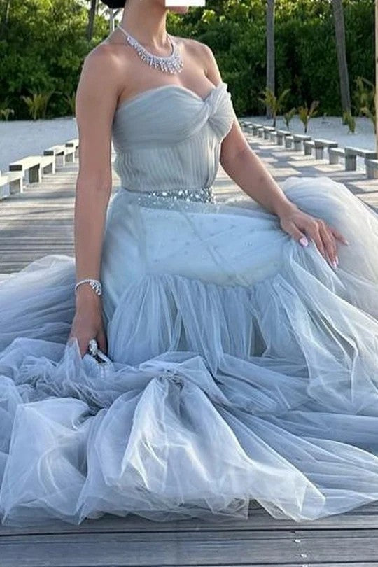 Lumidress Strapless A-Line Layered Tulle Prom Dress with Beaded Bodice