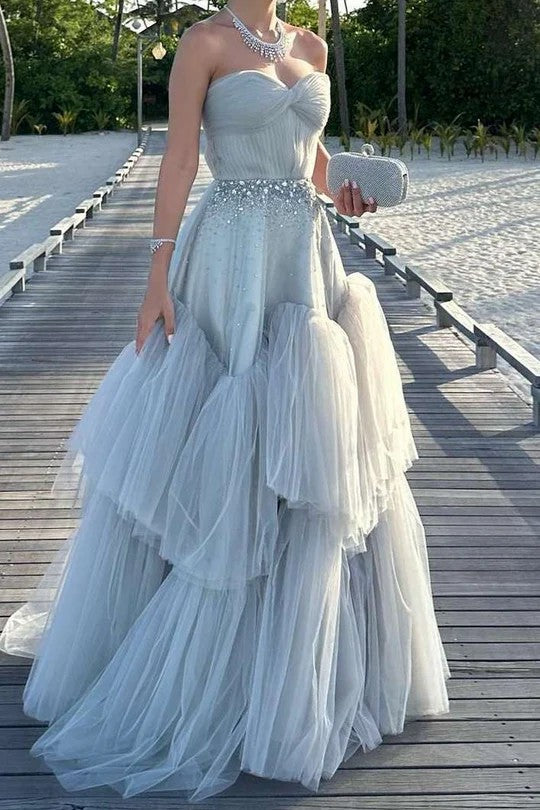 Lumidress Strapless A-Line Layered Tulle Prom Dress with Beaded Bodice
