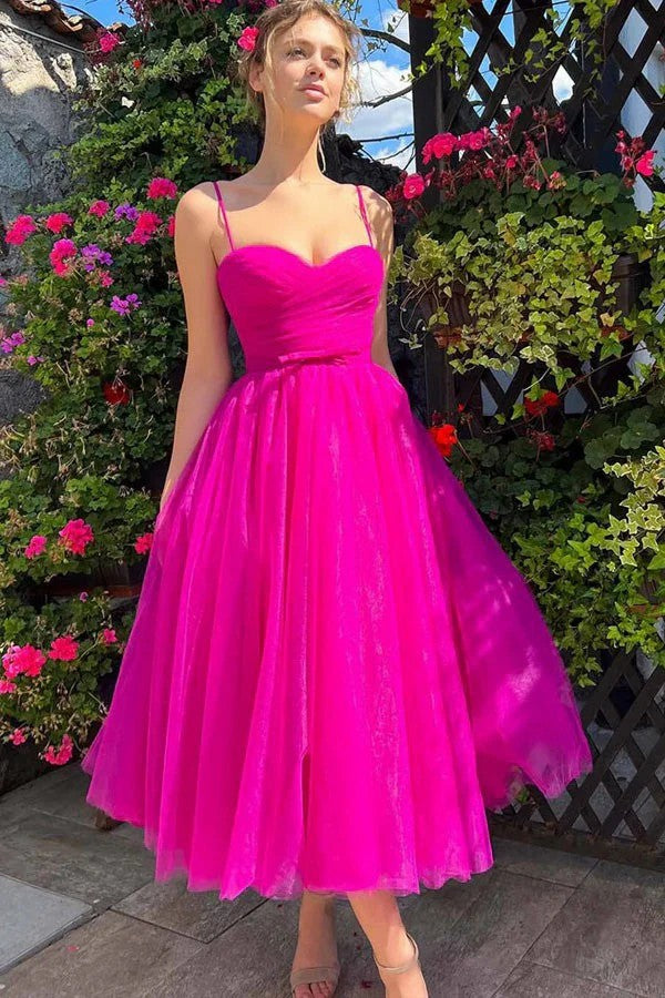 Lumidress Radiant Fuchsia Sweetheart Tulle A-Line Tea-Length Dress