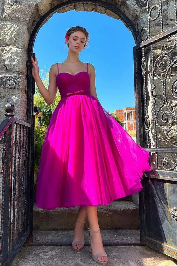 Lumidress Radiant Fuchsia Sweetheart Tulle A-Line Tea-Length Dress