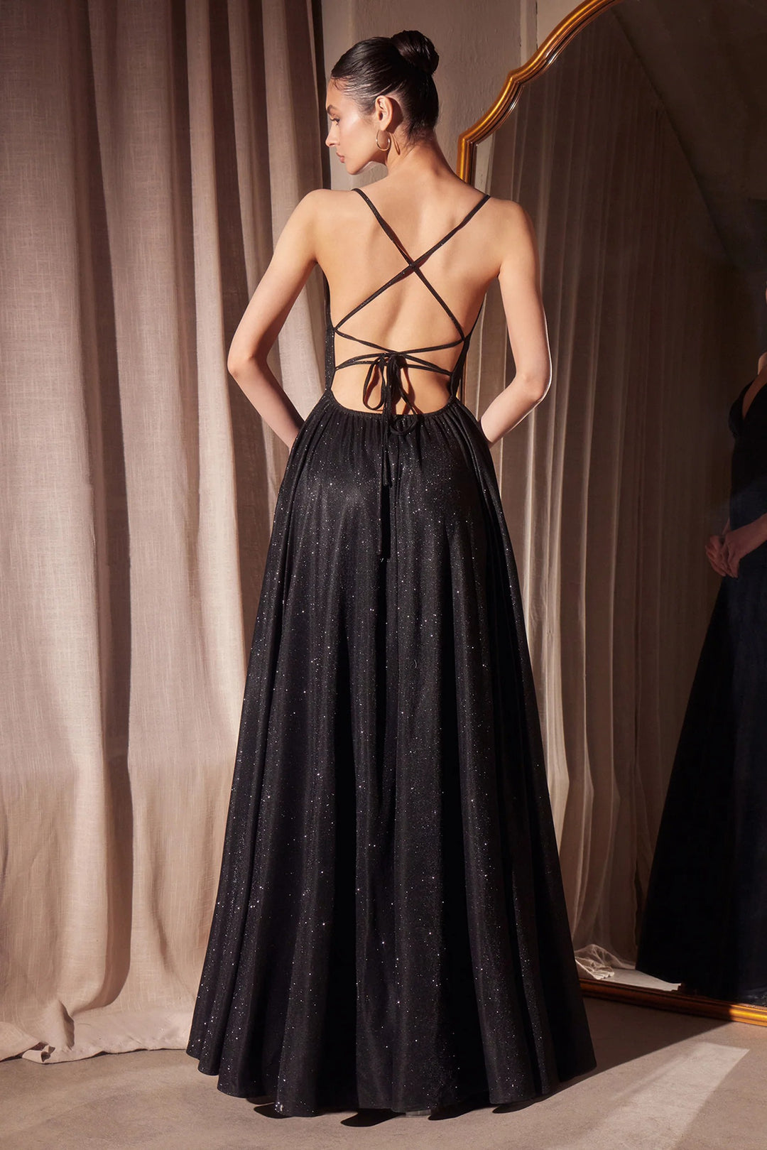 Lumidress Sleeveless V-Neck Glitter Satin A-Line Slit Gown