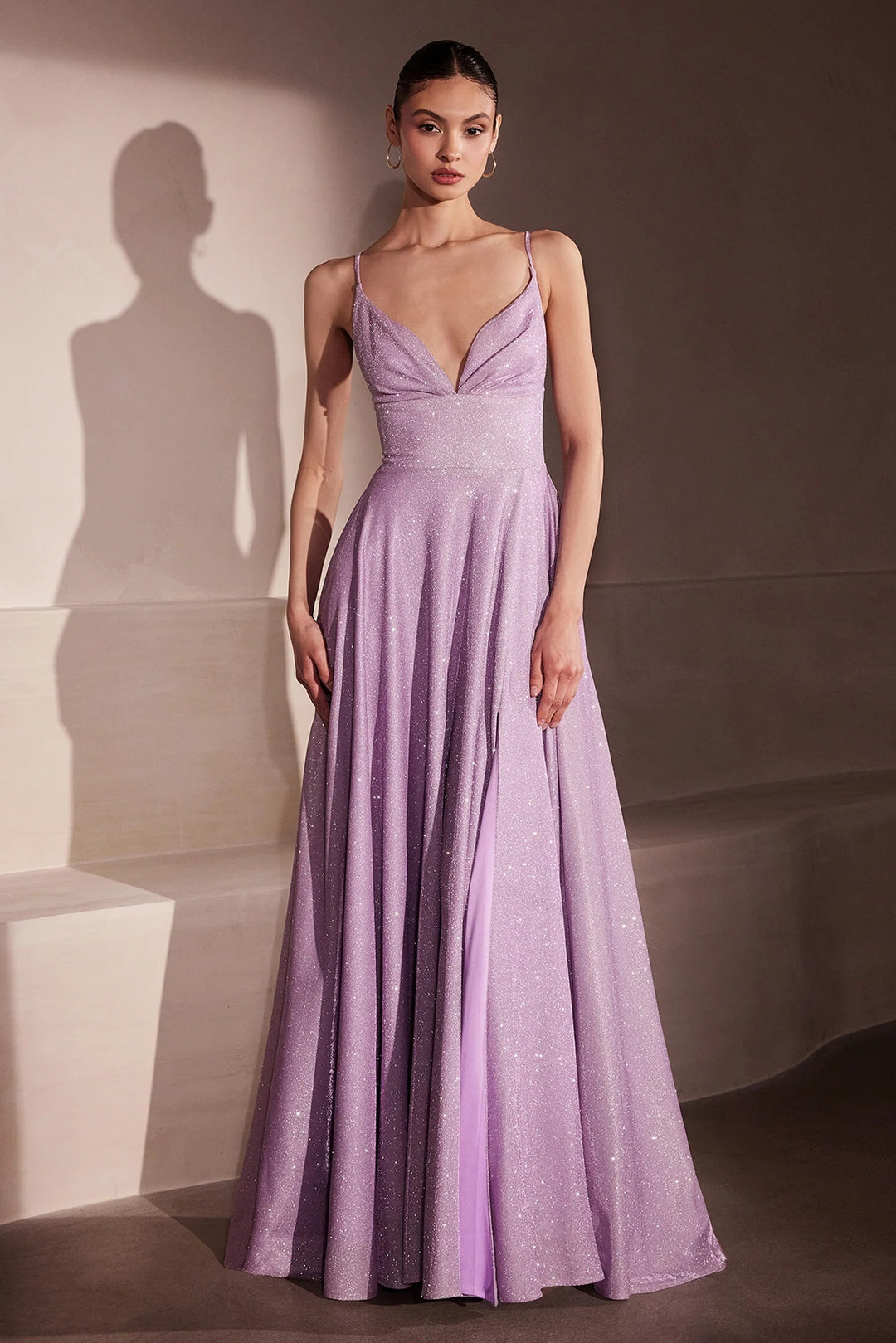 Lumidress Sleeveless V-Neck Glitter Satin A-Line Slit Gown