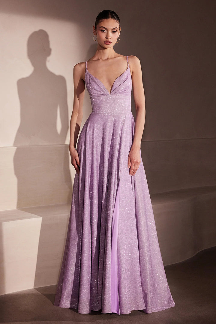 Lumidress Sleeveless V-Neck Glitter Satin A-Line Slit Gown