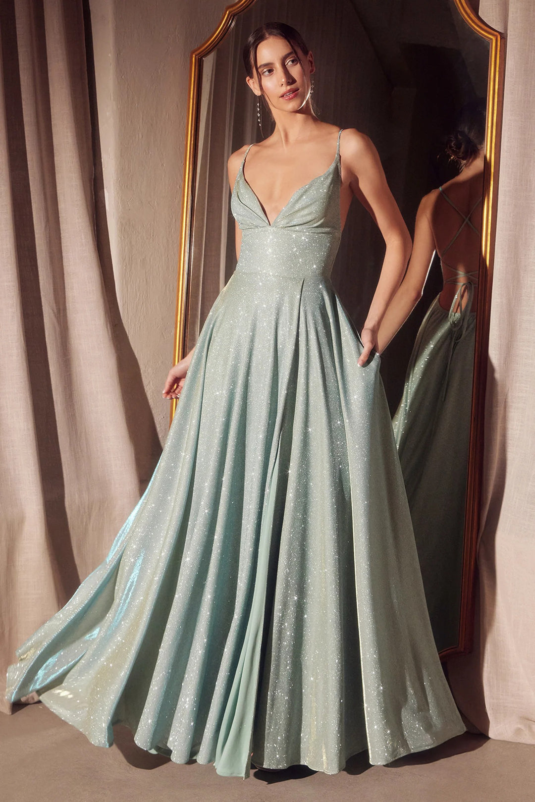 Lumidress Sleeveless V-Neck Glitter Satin A-Line Slit Gown