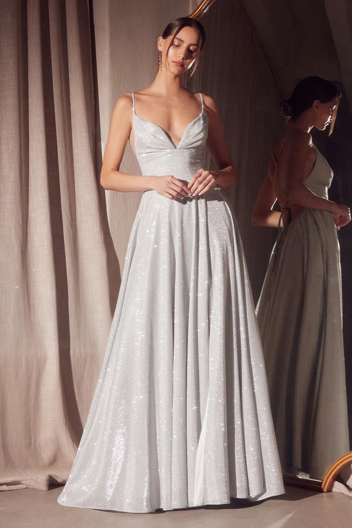 Lumidress Sleeveless V-Neck Glitter Satin A-Line Slit Gown