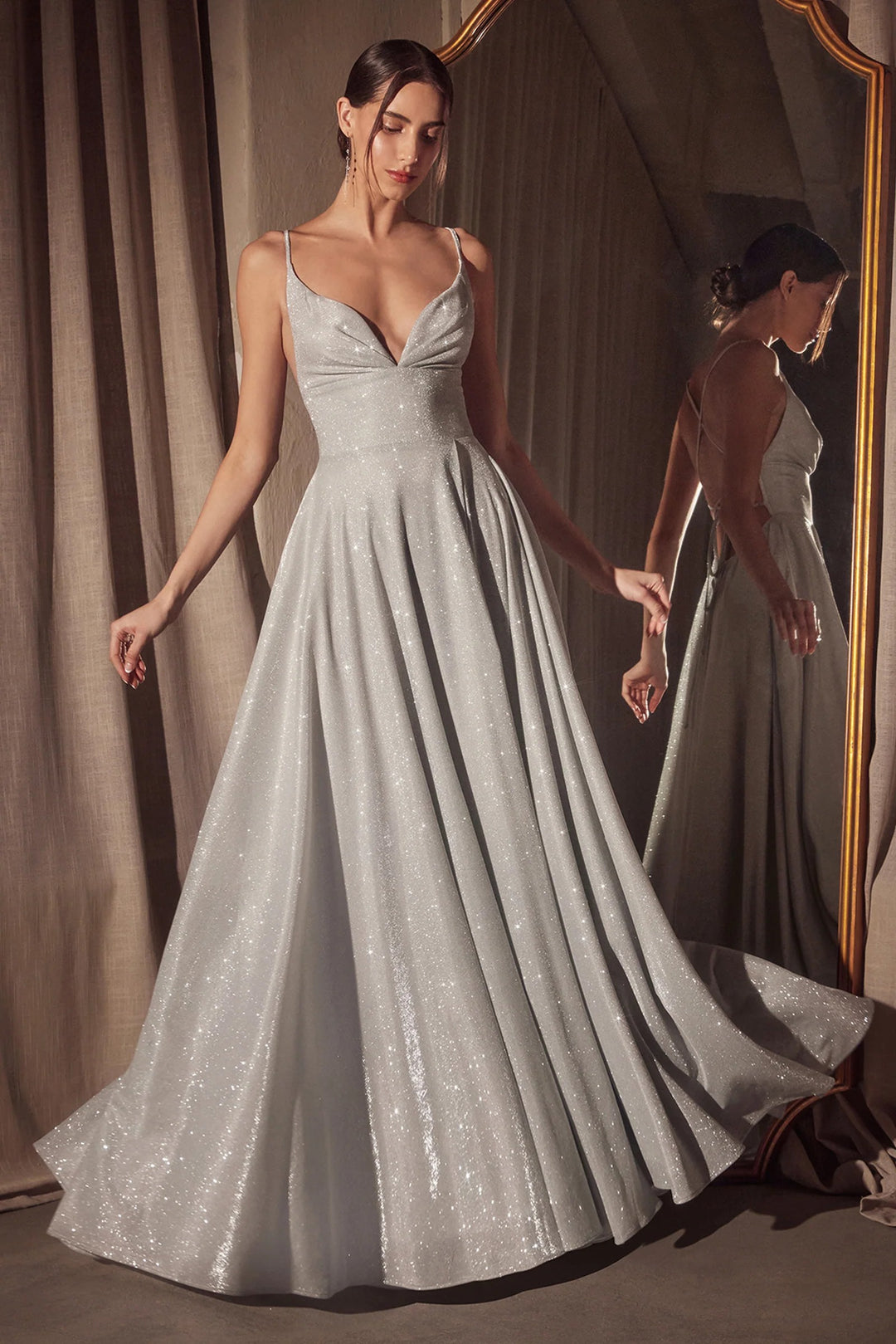 Lumidress Sleeveless V-Neck Glitter Satin A-Line Slit Gown
