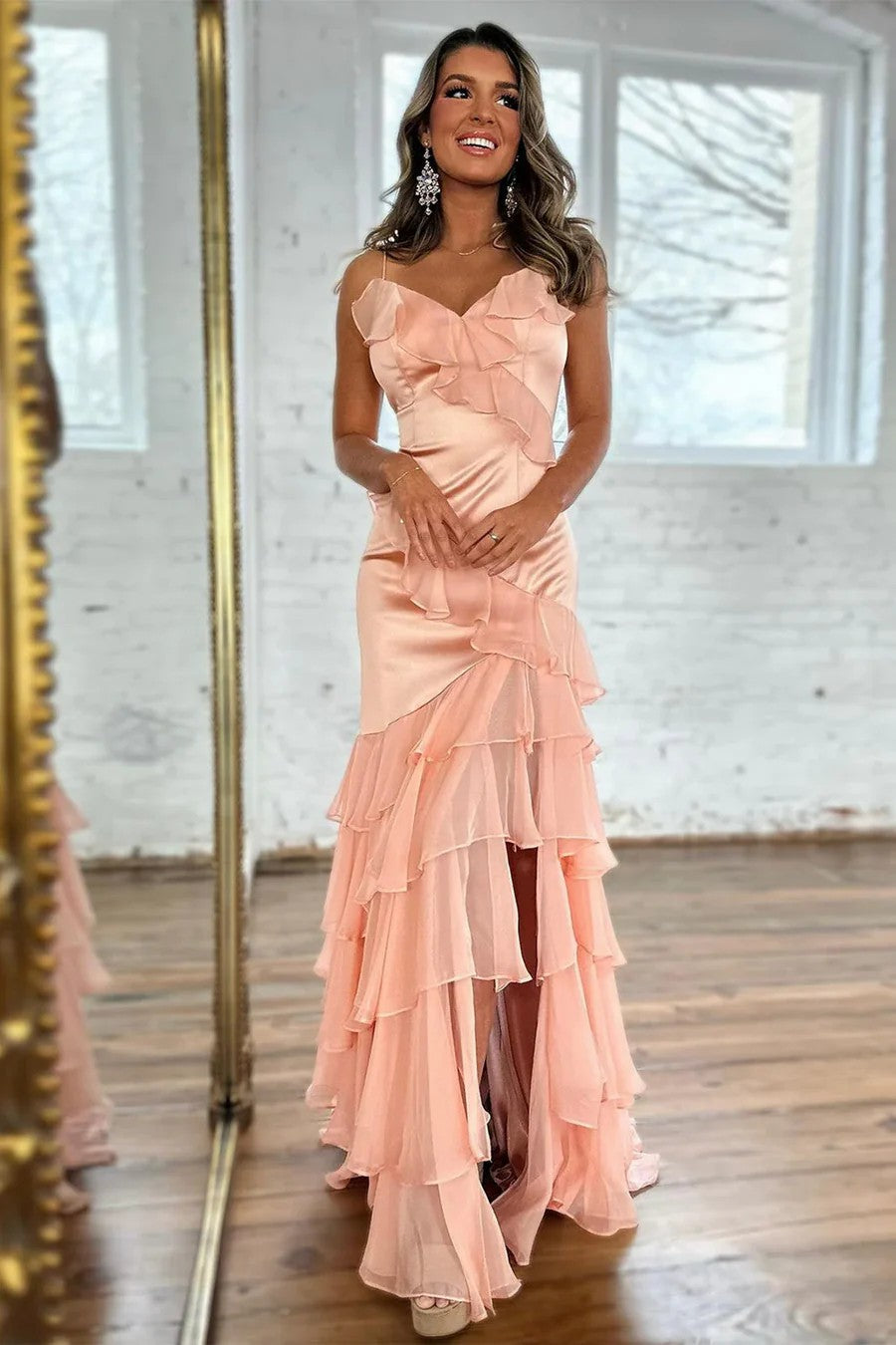 Lumidress Blush Pink V-Neck Tiered Ruffle Evening Gown with Spaghetti Straps