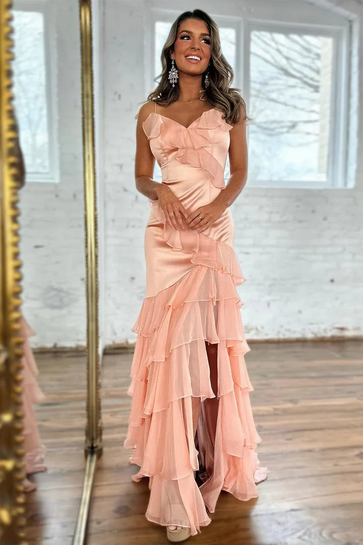 Lumidress Blush Pink V-Neck Tiered Ruffle Evening Gown with Spaghetti Straps