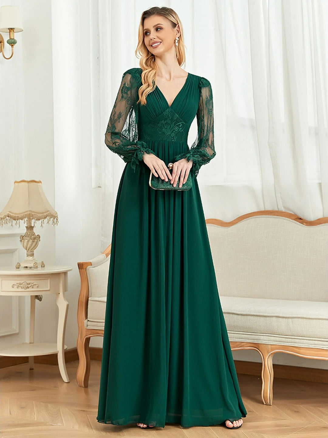 Lumidress Women Lace Long Sleeve Banquet Sex Slit Skirt Long Evening Dress