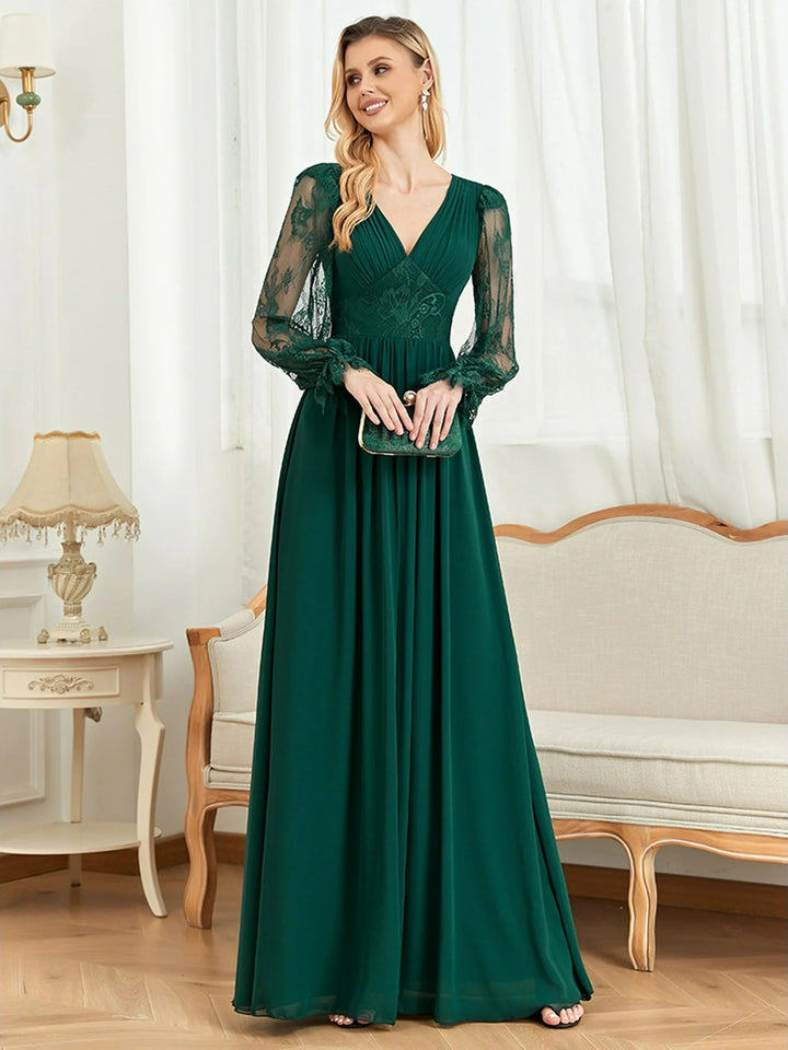 Lumidress Women Lace Long Sleeve Banquet Sex Slit Skirt Long Evening Dress