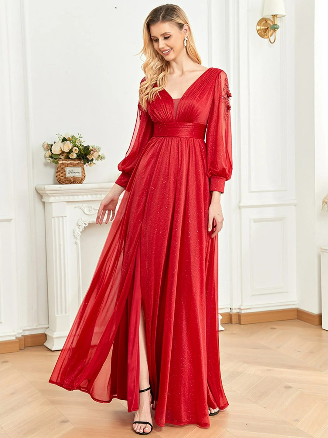 Lumidress Red Long-Sleeved V-Neck Banquet Dress Spotlight Evening Dress
