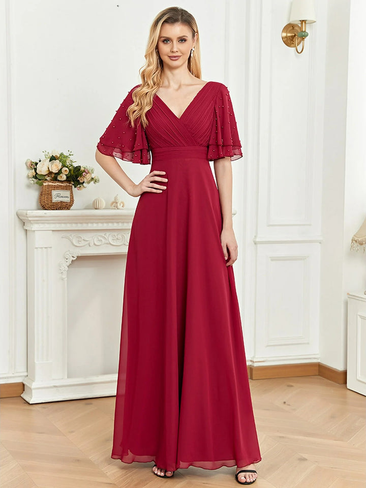 Lumidress Women's Evening Dress Flared Sleeve Chiffon V-Neck Wine Bridesmaid Dress