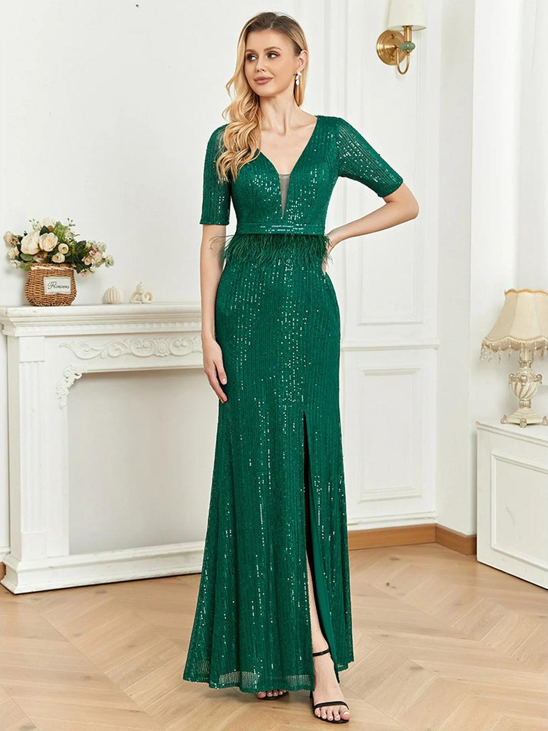 Lumidress Sheath/Column Sequin V-Neck Empire Waist Evening Gown with Feathers
