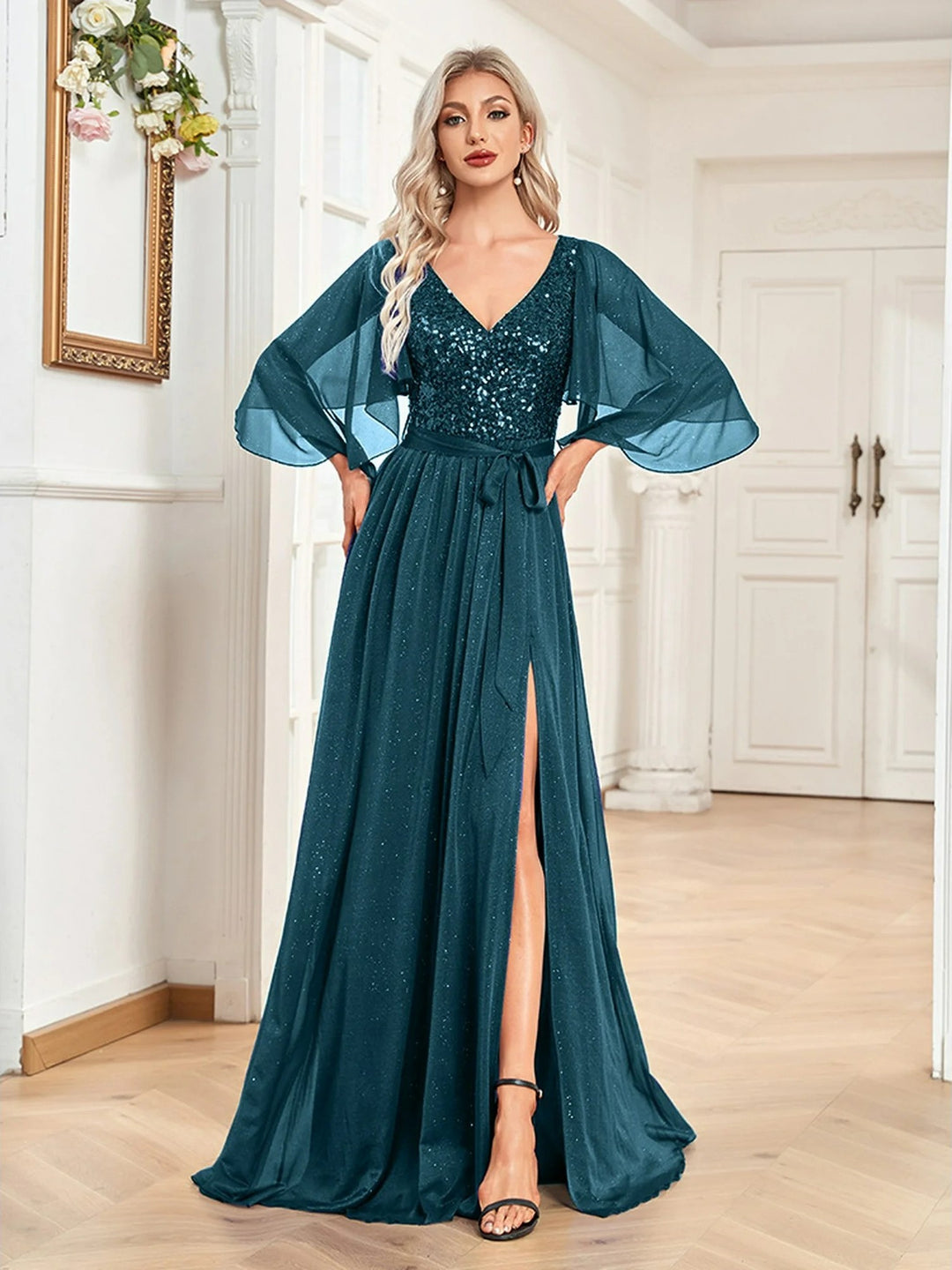 Lumidress V-Neck Glitter Sequin Chiffon Party Evening Wedding Guest Dresses for Women