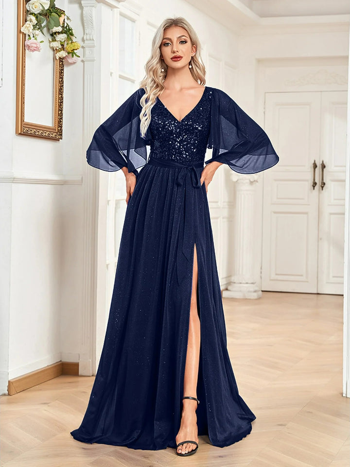 Lumidress V-Neck Glitter Sequin Chiffon Party Evening Wedding Guest Dresses for Women