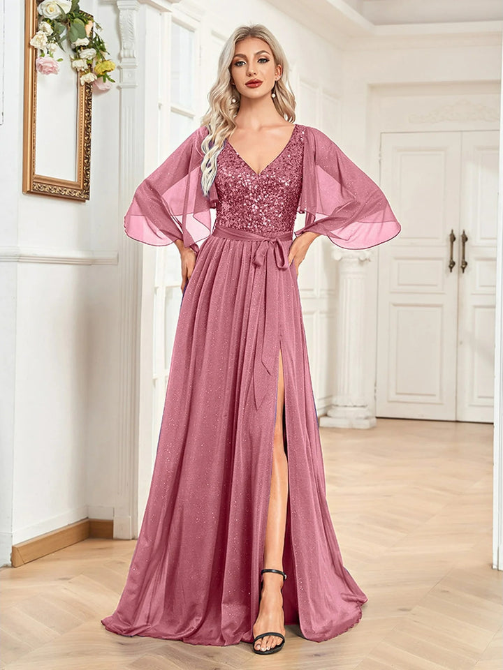 Lumidress V-Neck Glitter Sequin Chiffon Party Evening Wedding Guest Dresses for Women