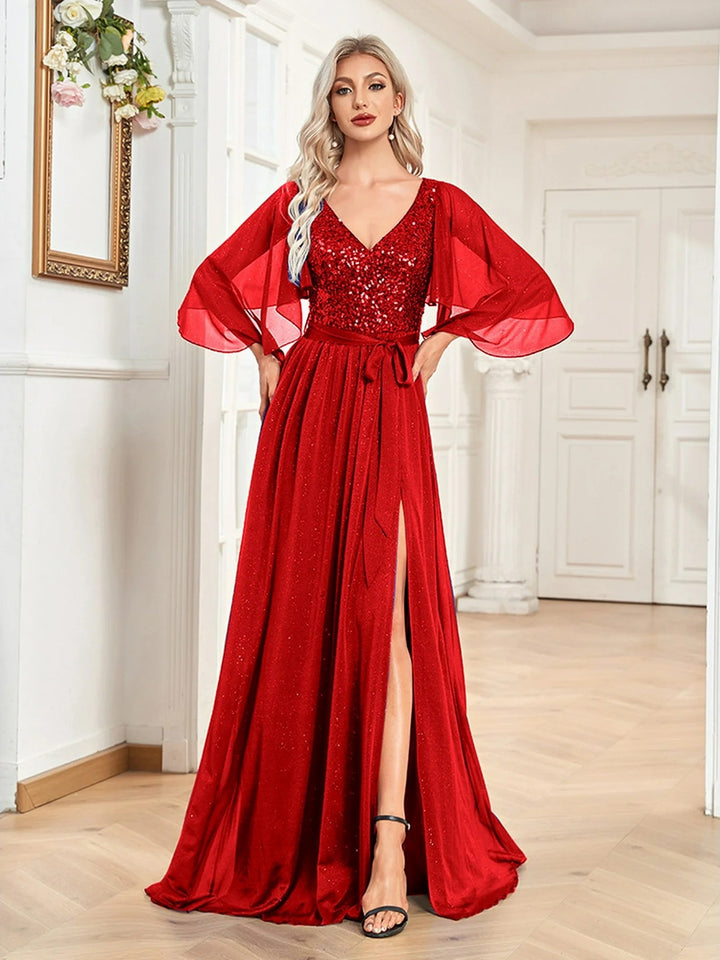 Lumidress V-Neck Glitter Sequin Chiffon Party Evening Wedding Guest Dresses for Women