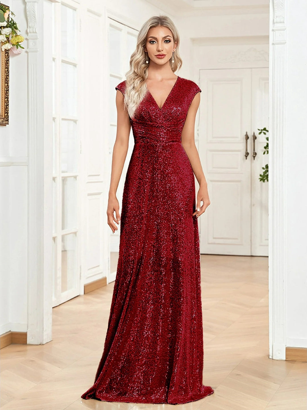 Lumidress Sexy V-Neck Sequin Floor-Length Prom Evening Dress