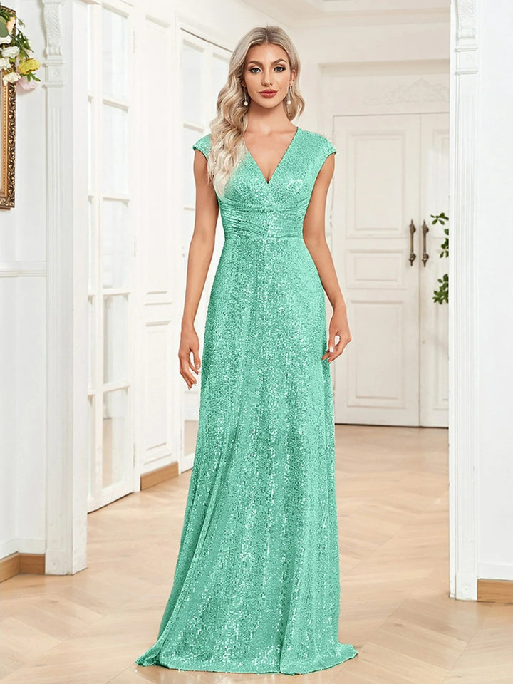 Lumidress Sexy V-Neck Sequin Floor-Length Prom Evening Dress