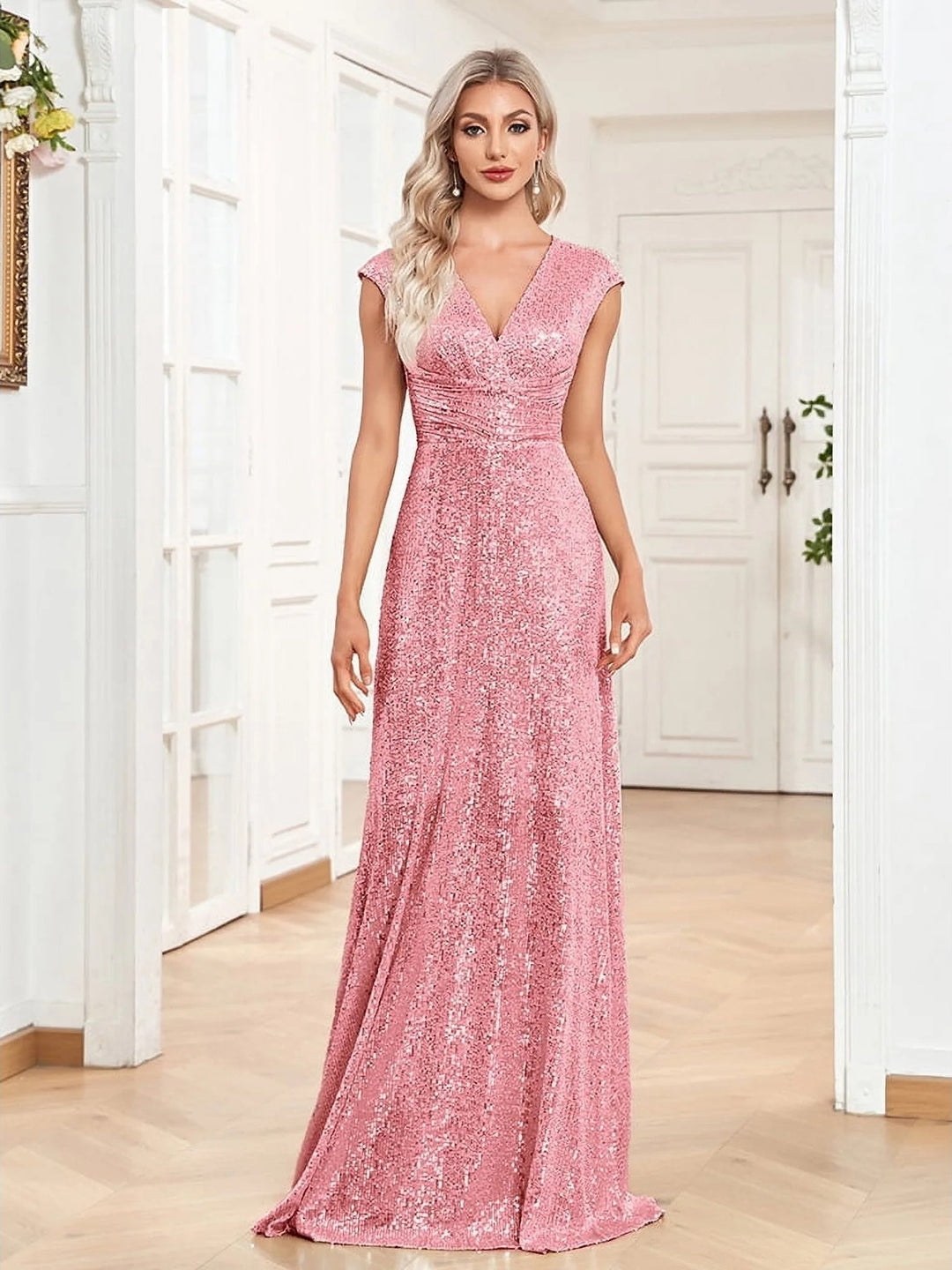 Lumidress Sexy V-Neck Sequin Floor-Length Prom Evening Dress