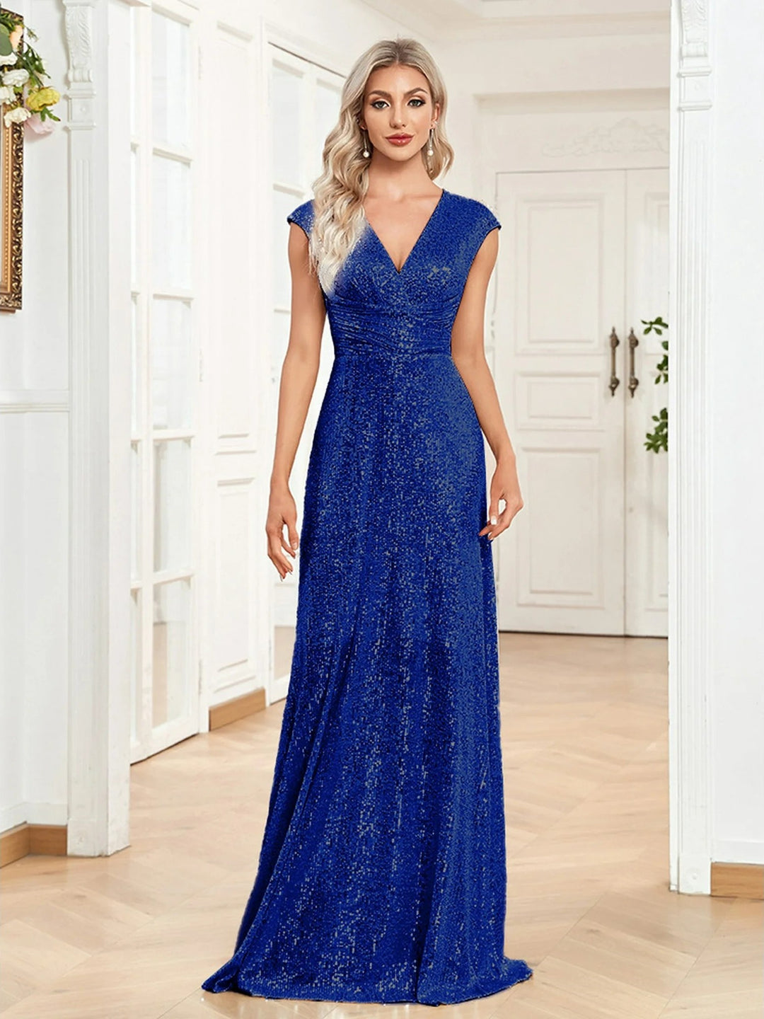 Lumidress Sexy V-Neck Sequin Floor-Length Prom Evening Dress