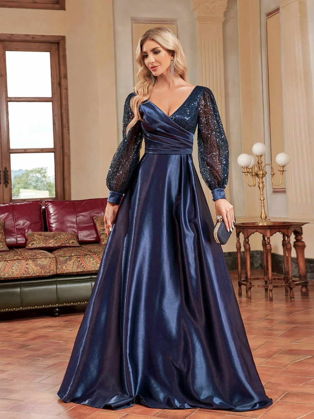 Lumidress Long Sleeve Sequin V-Neck Floor Length Evening Party Formal Dress