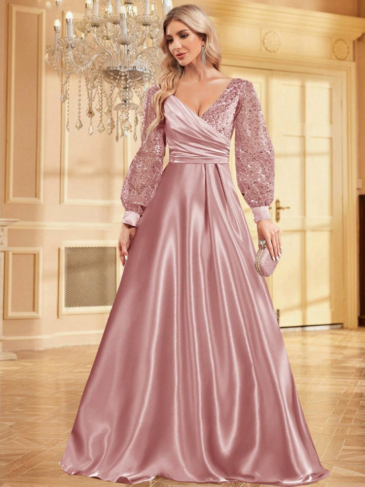 Lumidress Long Sleeve Sequin V-Neck Floor Length Evening Party Formal Dress