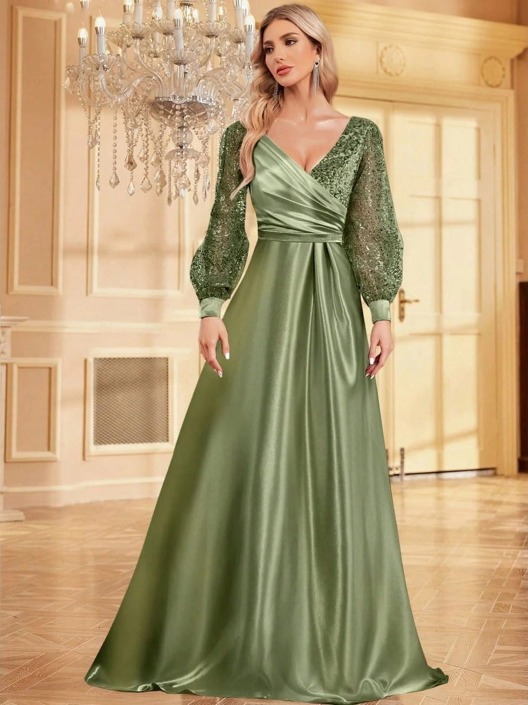 Lumidress Long Sleeve Sequin V-Neck Floor Length Evening Party Formal Dress