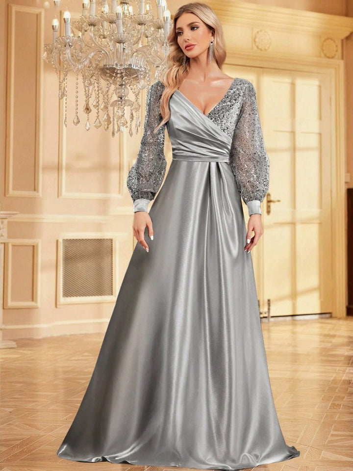 Lumidress Long Sleeve Sequin V-Neck Floor Length Evening Party Formal Dress