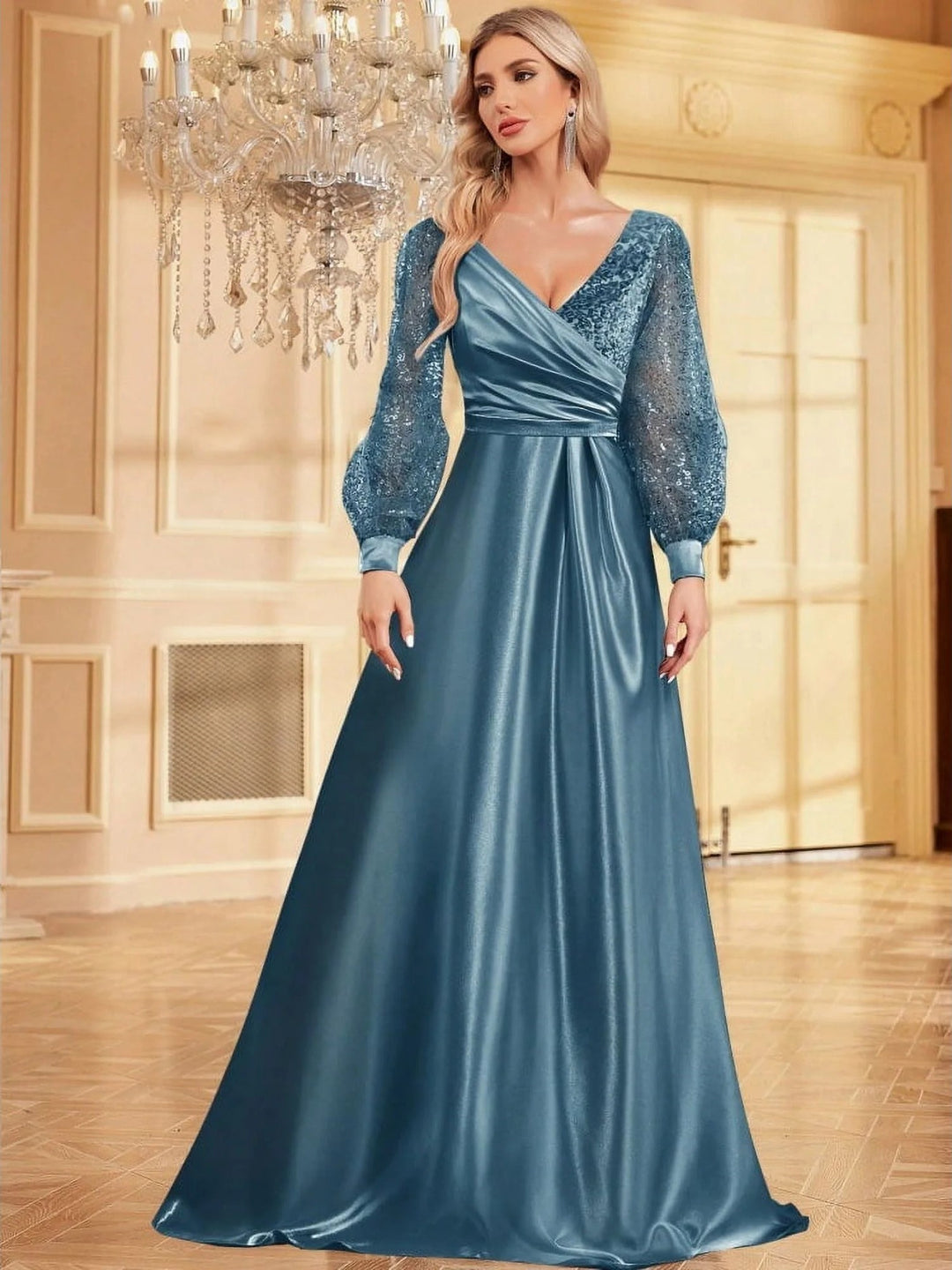 Lumidress Long Sleeve Sequin V-Neck Floor Length Evening Party Formal Dress