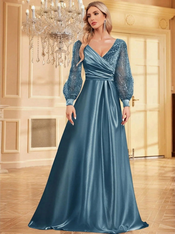Lumidress Long Sleeve Sequin V-Neck Floor Length Evening Party Formal Dress