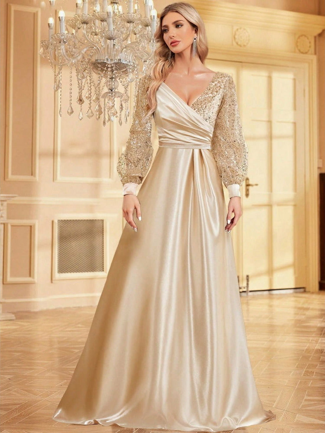 Lumidress Long Sleeve Sequin V-Neck Floor Length Evening Party Formal Dress
