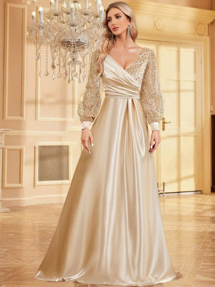 Lumidress Long Sleeve Sequin V-Neck Floor Length Evening Party Formal Dress