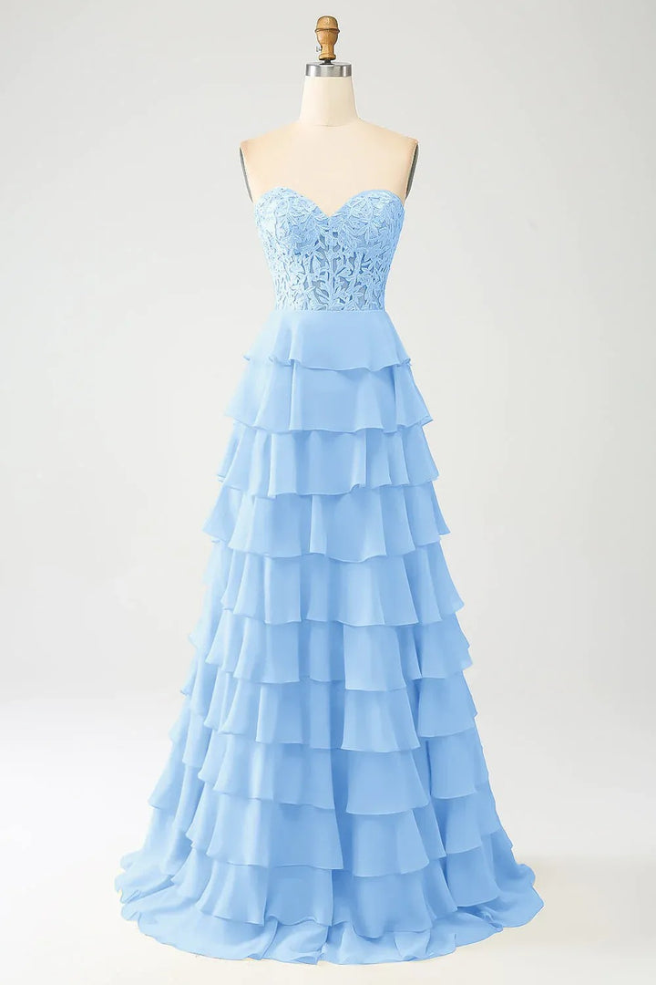 Lumidress Off-Shoulder Sweetheart Appliques Long Tiered Chiffon Slit Prom Dress
