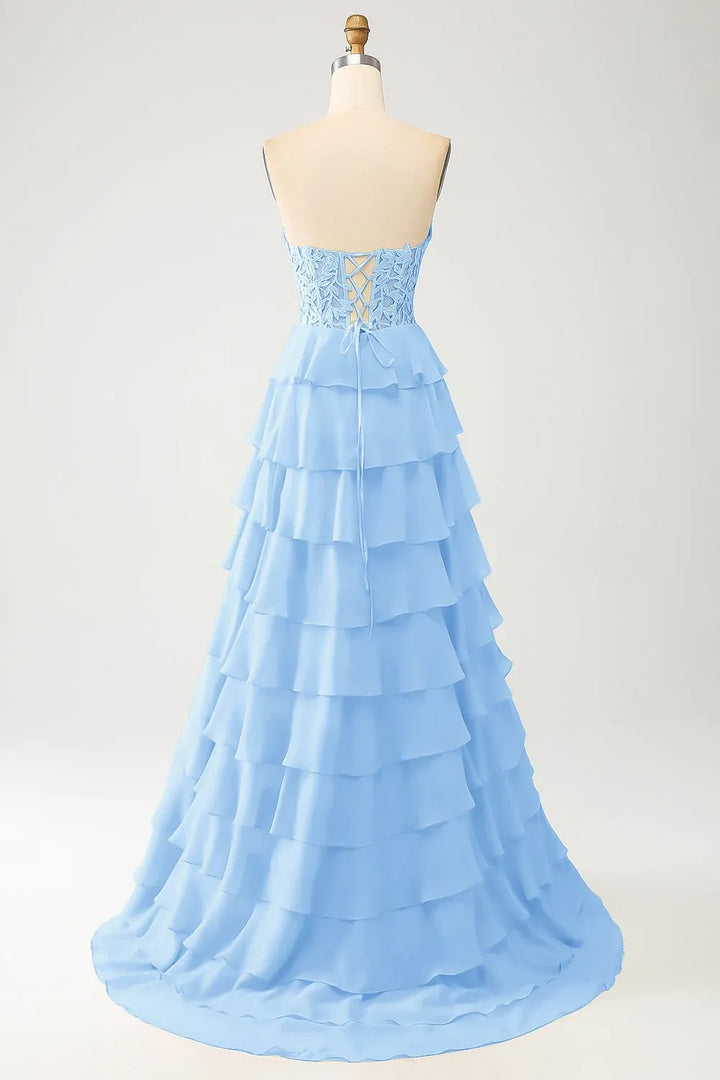 Lumidress Off-Shoulder Sweetheart Appliques Long Tiered Chiffon Slit Prom Dress