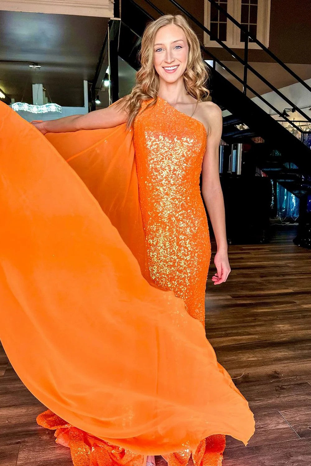 Lumidress Radiant Sunset One-Shoulder Sequin Sheath Evening Gown with Cape