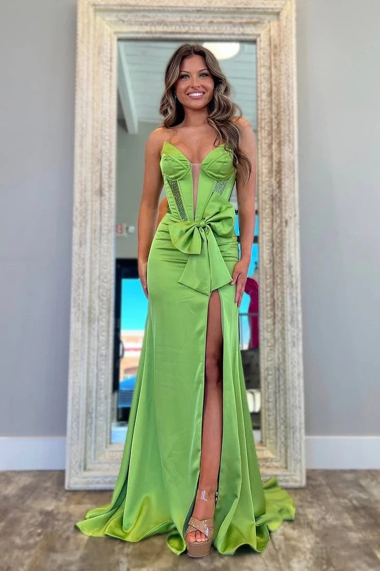 Lumidress Green Satin Mermaid Gown with Deep V Illusion Neckline and Statement Bow