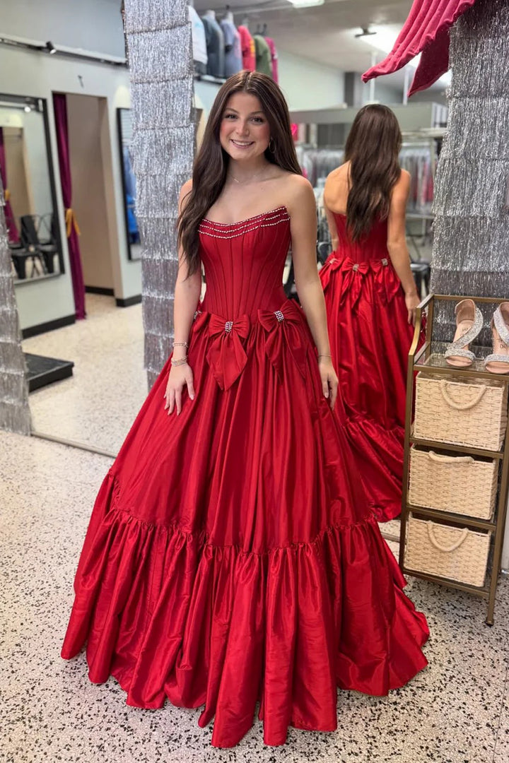 Lumidress Sweet Red Satin A-Line Prom Dress with Scoop Neck and Bow Detail