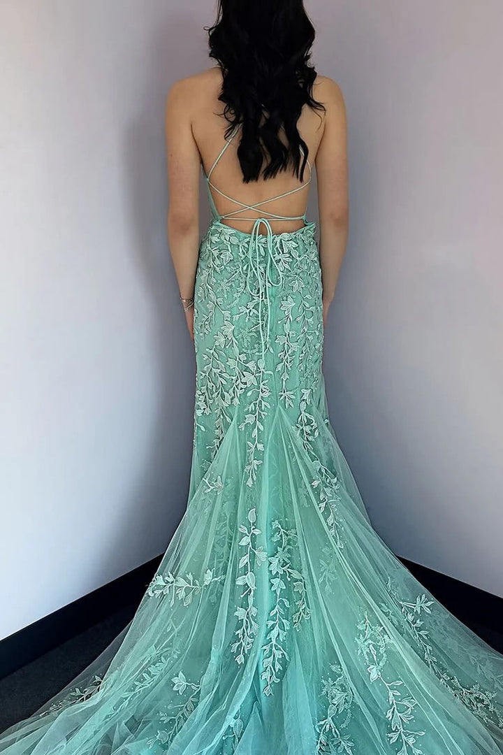 Lumidress Mint Lace Mermaid Prom Dress with Scoop Neck