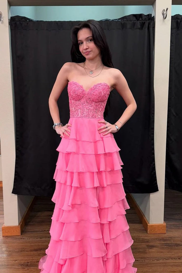 Lumidress Pink Chiffon A-Line Prom Dress with Sweetheart Neckline and Tiered Skirt