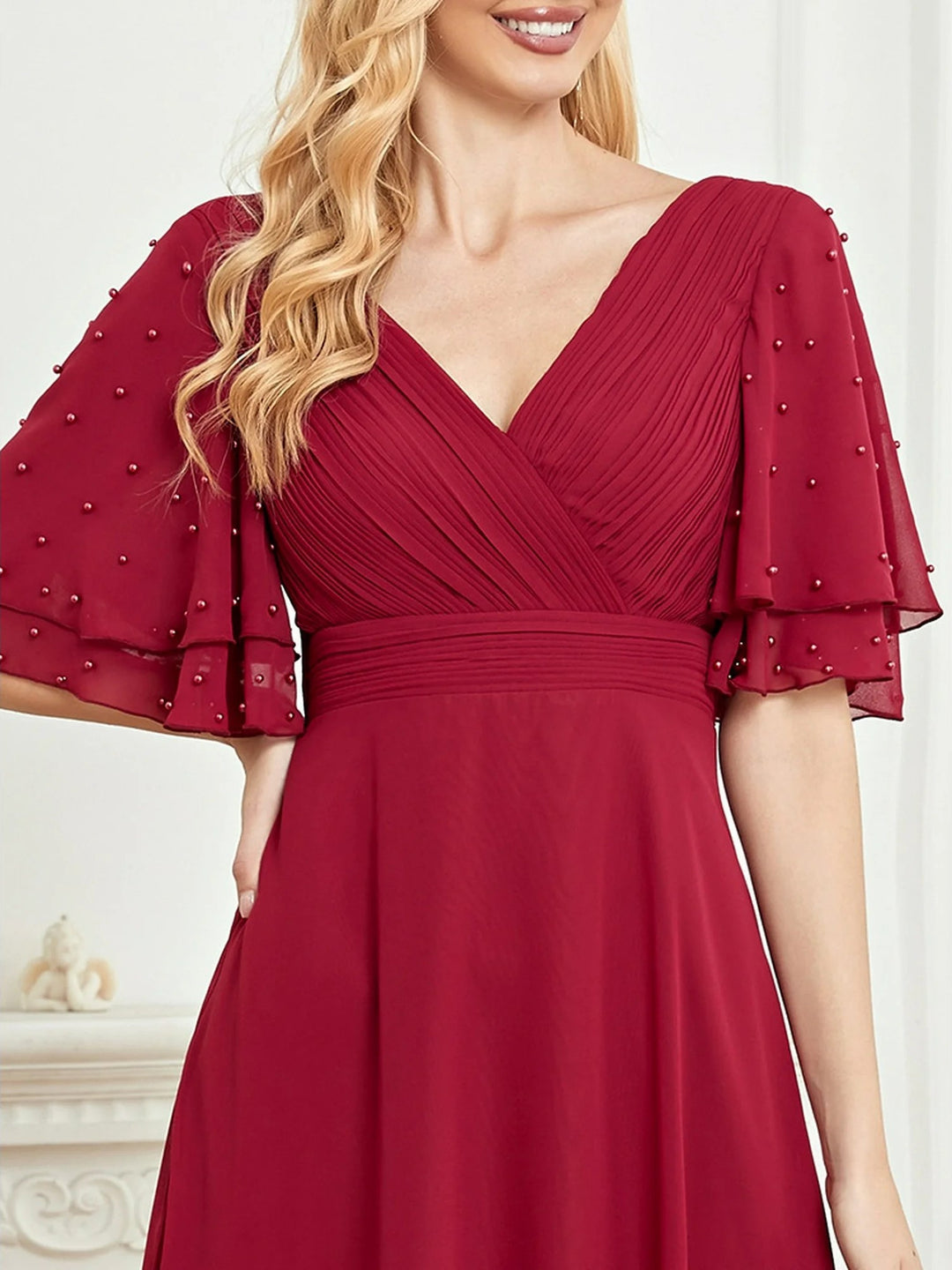Lumidress Women's Evening Dress Flared Sleeve Chiffon V-Neck Wine Bridesmaid Dress